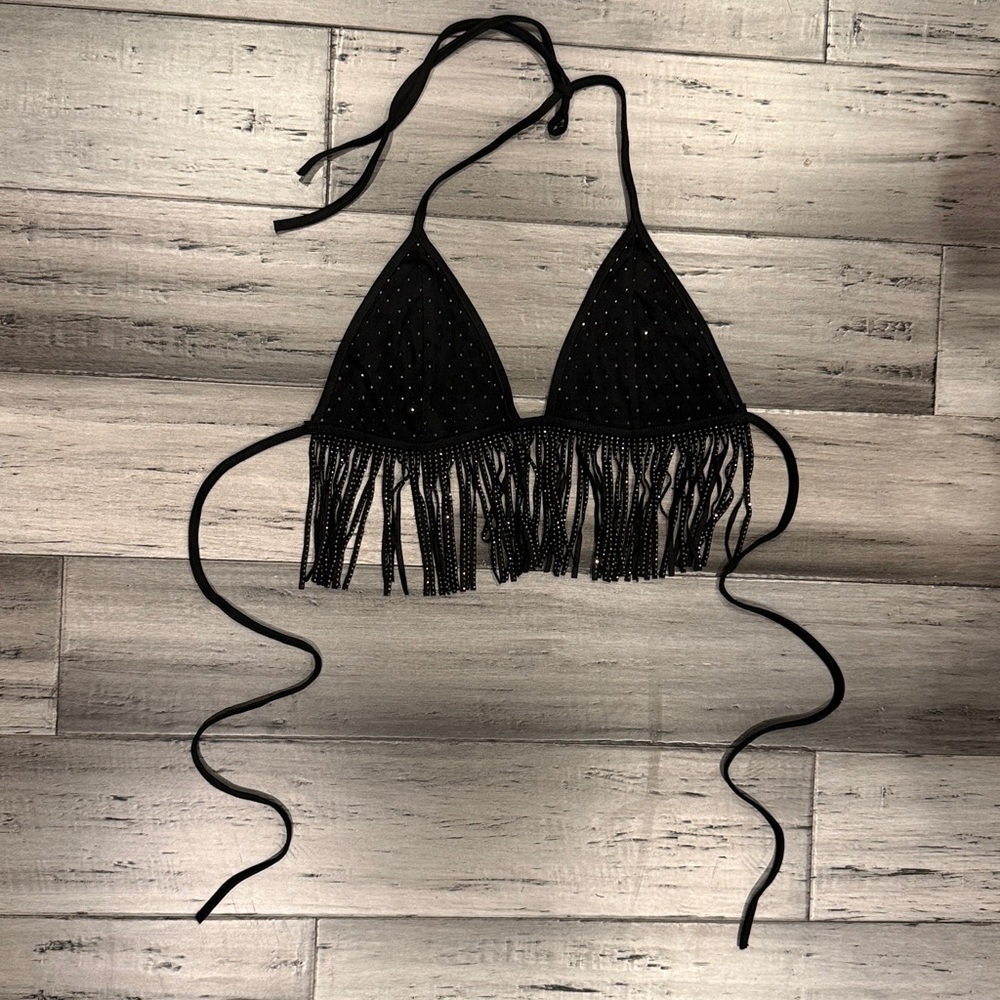 NWOT, Black Fringe Bikini Top - Picture 3 of 4